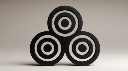 Modern black and white design with concentric circles arranged in a triangular formation for visual focus and display purposes