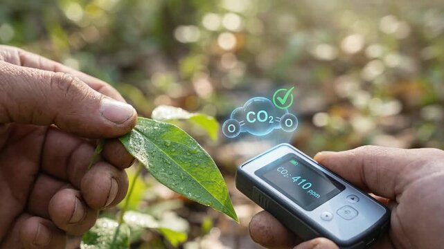 carbon dioxide sustainability monitoring concept. Hands holding a leaf and a device measuring carbon dioxide levels.