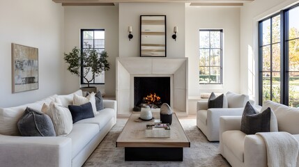 Clean modern living room wide view fireplace neutral palette
