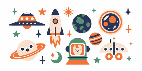 Colorful space illustration featuring rockets planets astronauts and celestial objects © Provhash