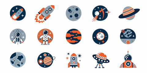 Colorful space exploration icons depicting planets rockets astronauts and spacecraft © Provhash