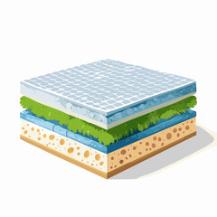 Cross section illustration of a layered mattress showing memory foam blue gel and quilted fabric materials for comfort and support isolated on white background