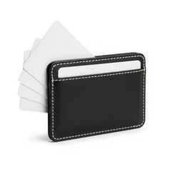 Black leather cardholder with cards, isolated on white background