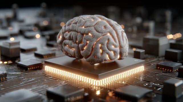 Macro close-up of a central processing unit (cpu) with artificial intelligence concept, glowing circuits, futuristic computer hardware, high-tech electronic components, and digital technology details - Powered by Adobe