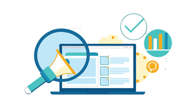 Digital marketing concept with laptop centered, megaphone and checkmark icons, business strategy and analytics graphics