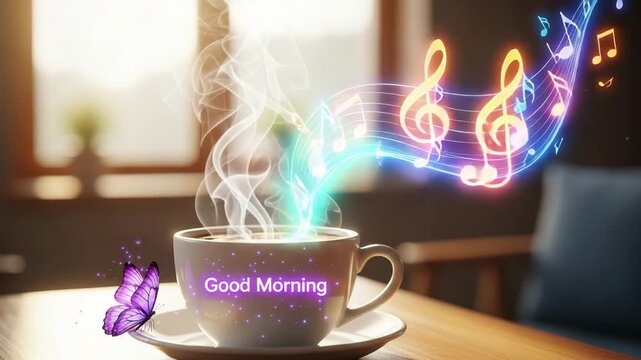 Good morning coffee with a butterfly and musical notes