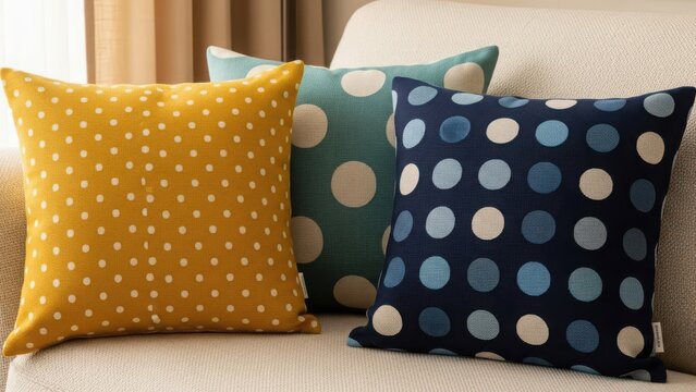 Vibrant throw pillows on beige sofa with patterned designs