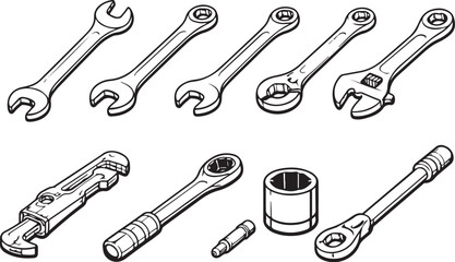 Wrenches And Spanners Line Art Tool Set eps