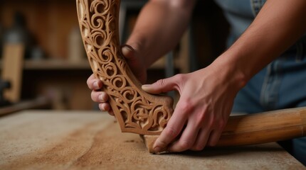 Artisan carpenter carving intricate pattern on furniture leg with chisel
