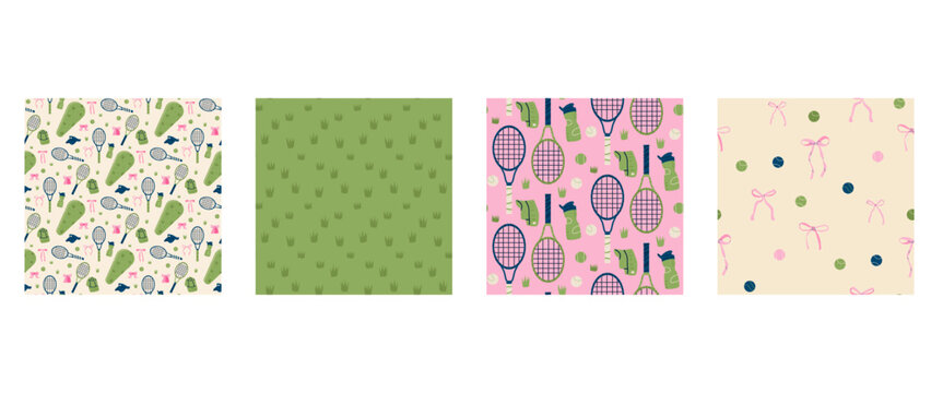 Tennis seamless pattern collection with bow, rackets and balls. Sport-themed repeating print for wrapping paper, backgrounds, or textile design. Pink and green lawn grass vector coquette aop bg.
