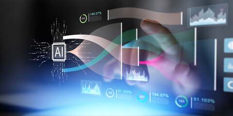 Artificial Intelligence Data Integration and Predictive Analytics Displayed on Digital Tablet.