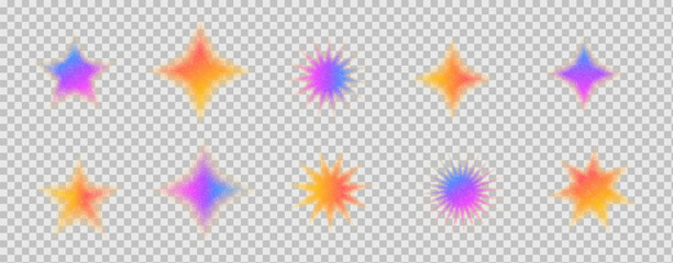 Starburst neon graphic featuring gradient spray effects. Dotted iridescent grainy noise twinkles. Stipple spark shimmering elements. Vector dotworks grit shapes illustration on transparent background.