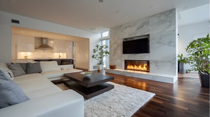 Calm modern living room wide angle fireplace interior
