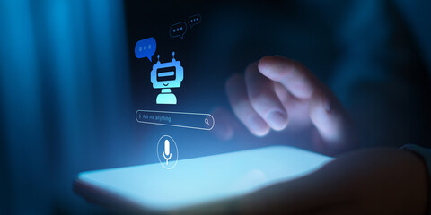 AI Chatbot and Voice Assistant Interaction Displayed on Digital Tablet.