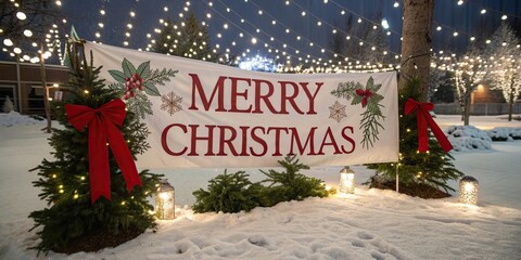 Merry Christmas banner with festive lights pine trees and snow at outdoor winter market.