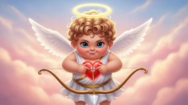 Cute cupid holding a heart with a bow and arrow against a cloudy sky