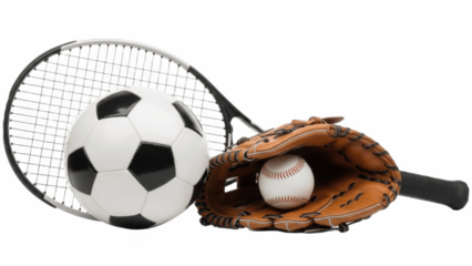 Collection of sports gear including tennis racket, classic black and white soccer ball and tan baseball glove cradling a baseball, versatile equipment set for school, recreation and training

