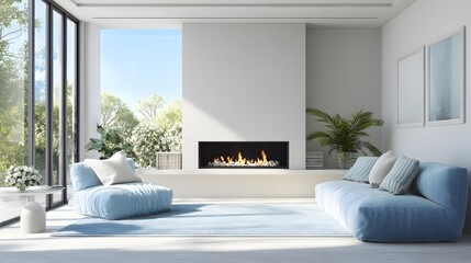 Bright modern living room wide view fireplace sofa clear copy space on wall daylight