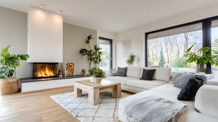 Bright modern living room wide view fireplace sofa clear copy space on wall daylight