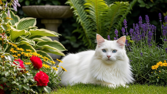 Beautiful white fluffy cat with striking blue eyes sitting serenely in a vibrant summer garden