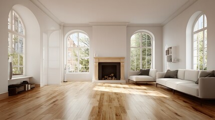 Spacious living room wide view natural light fireplace sofa empty wall background
