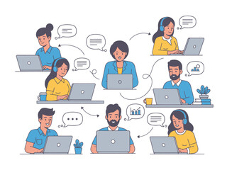 Diverse team collaborating remotely online on laptops with communication bubbles