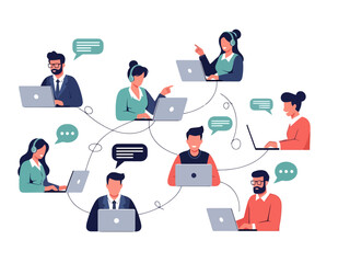 Diverse professionals collaborating remotely with digital connection lines and speech bubbles representing global teamwork and online communication