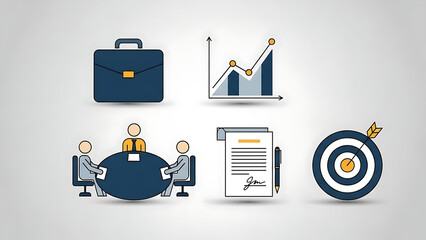 Business icons set including briefcase, graph, people at meeting, document, and target with arrow on white background for marketing and finance concepts
