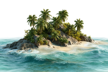 A beautiful tropical paradise island with palm trees and gentle waves on a transparent background