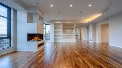 Calm living room interior wide angle fireplace sofa empty area for marketing copy