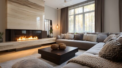 Living room interior wide view fireplace sofa minimal decor large copy space