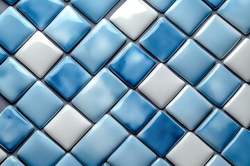 Fototapeta premium Glossy blue and white square tiles arranged diagonally create a modern diamond pattern