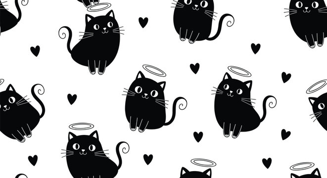 Black cat seamless pattern with cute angel halo and hearts, minimalist kawaii pet cartoon background vector illustration