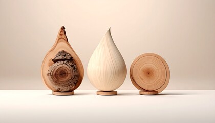 Three wooden sculptures, teardrop and circular shapes, light beige background