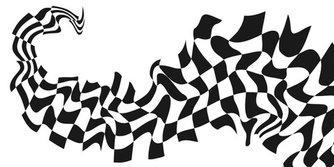Abstract Checkerboard Background, Distorted, Wavy Psychedelic Chessboard Shape, Monochrome, Minimalism, Aesthetic, Groovy Poster, Vintage, Vector