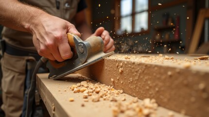 Skilled carpenter planing wood plank in sunny workshop with shavings flying
