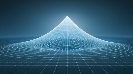 Abstract geometric visualization of a three-dimensional cone shape with grid patterns against a dark gradient background, representing modern technology and design concepts