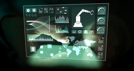 Robotics Process Automation and Industrial Data Analytics Displayed on Virtual Screen.