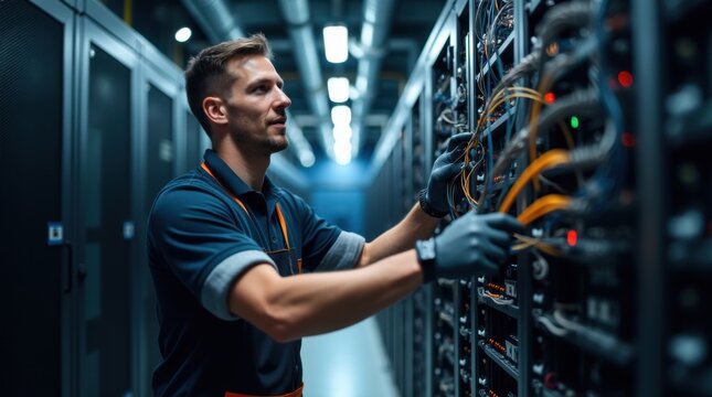 Skilled IT technician connecting cables in server room
 - Powered by Adobe