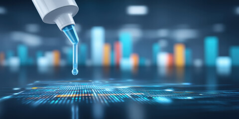 Biotechnology lab pipette dripping blue liquid on futuristic digital science background