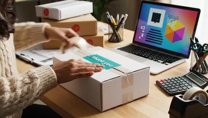 Person packing a parcel at a workspace