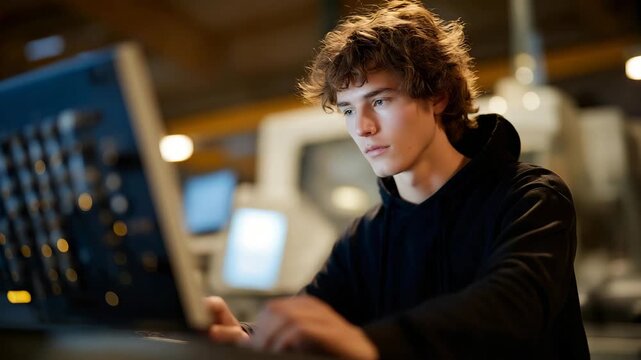 A metalworker using a CNC machine to mill complex components, digital displays glowing as sharp tools carve precise patterns &mdash; advanced metal engineering, automated fabrication, and tech-driven