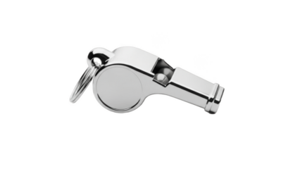 Polished silver metal whistle with keyring attachment isolated on clean background, classic loud signaling tool for referees, coaches, lifeguards, teachers, pet training and safety alerts

