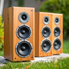 Three wooden speakers outdoors