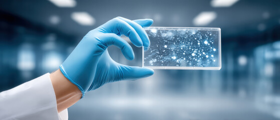 Scientist hand holding futuristic glass slide for advanced biotechnology research