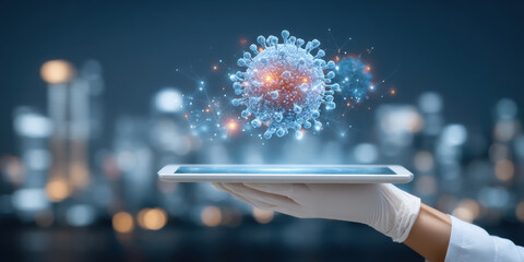 Innovative biotechnology analyzes virus on medical tablet with futuristic science hologram