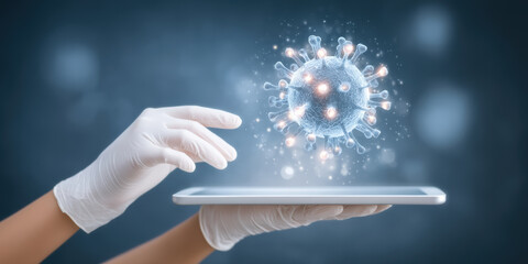 Scientist analyzing biotechnology virus cell on digital tablet screen