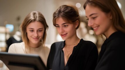 A retail associate assisting customers at a minimalist checkout booth in a boutique store, tablet-based POS system glowing as products are scanned — seamless retail experience, modern payment