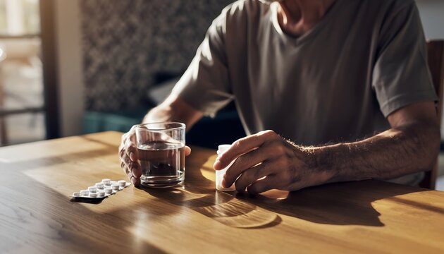 Elderly man's hands holding a glass of water and medication
