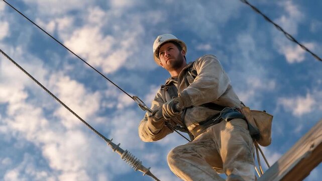 A power line worker tightening thick electrical cables high above the ground, dramatic clouds behind as safety gear glints in the sun &mdash; energy infrastructure, electrical grid operations, and